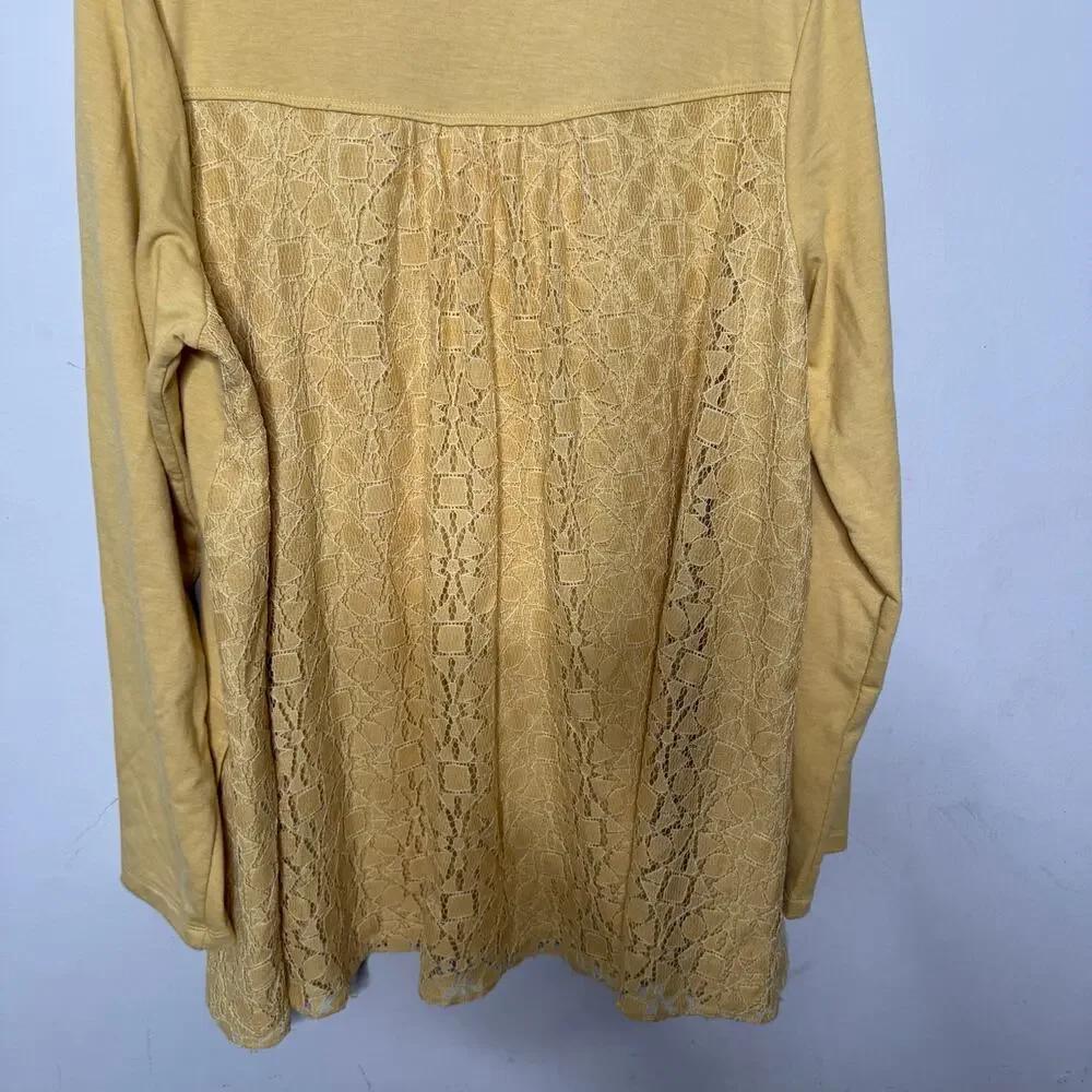 LOGO by Lori Goldstein Lounge Yellow Zip Front Cardigan Women’s Size L Lace Trim
